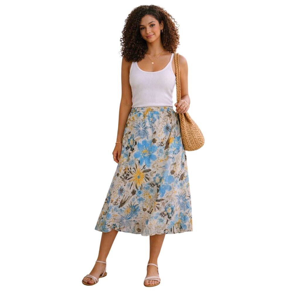 Rene Margo Floral Midi Skirt Size Small Blue Yellow Sheer Lined Cottagecore